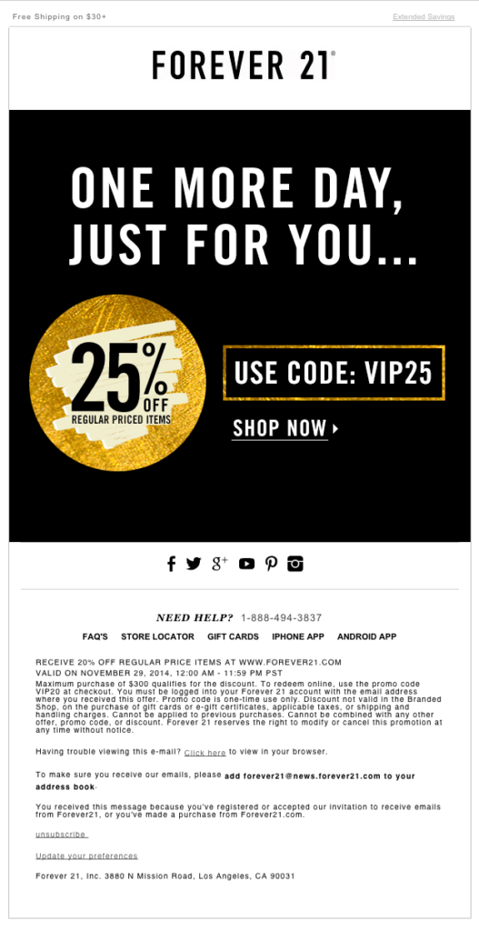 Forever 21's Black Friday email design, displaying discount offer